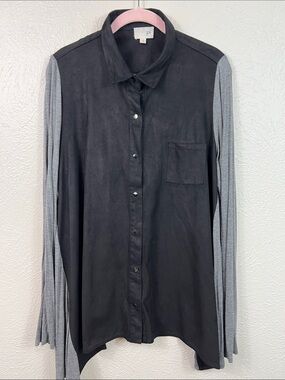 JOH Black Gray Mixed Fabric Long Sleeve Snap Front Tunic Blouse Large